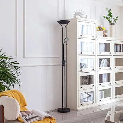 Afbeelding van Lindby LED vloerlamp met dimmer 2lichts Ijzer, glas, polycarbonaat H: 180 cm zwart, mat wit Inclusief lichtbronnen
