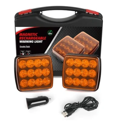 Afbeelding van AOHEWEI Amber draadloze led waarschuwingslichten, 12 V/24 V magneet waarschuwingsknipperlichten achter, oplaadbare stroboscooplichten voor vrachtwagenvoertuigen