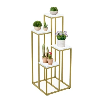 Afbeelding van plantenstandaard binnen 4 etages staal 100x40x40 cm goud wit