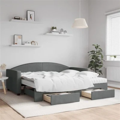 Afbeelding van vidaXL Slaapbank onderschuifbed en lades 90x190 cm stof donkergrijs