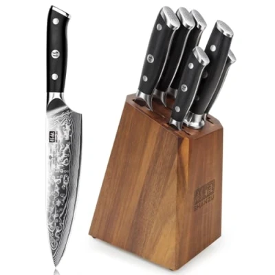 Afbeelding van SHAN ZU PRO Series Damascus Knife Block Set, 5 messen en 1 slijpstaal met messenblok van hoogwaardig hout
