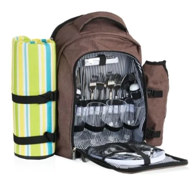 Afbeelding van CampFeuer 32 delige picknickrugzak Picknickset voor 4 personen Bruin gemêleerd Met flessenhouder, picknickdeken, koelvak en campingservies