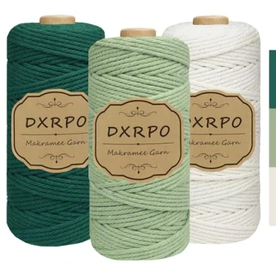 Afbeelding van DXRPO Set van 3 macramégaren, mm x 100 m, katoengaren voor doe het zelf handwerk, hangplanten, Kerstmis, boho decoratie (natuur, lichtgroen, donkergroen)