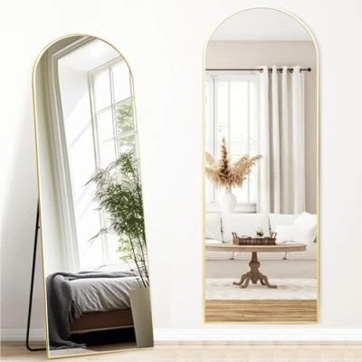 Image de Melodieux miroir pleine longueur, arc, 161 x 52 cm, grand autoportant, cadre en aluminium, doré, pour dressing, salon, chambre à coucher