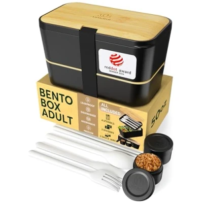 Afbeelding van UMAMI Bento lunchbox, bestaande uit 4 bestek van hout en 2 waterdichte sausbakken, luchtdichte lunchbox met vak, is magnetrongeschikt vaatwasmachinebestendig, box, Japans cadeau voor Valentijnsdag