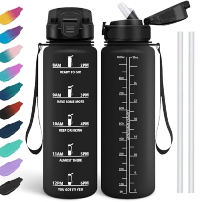 Afbeelding van HoneyHolly Waterfles, 1 vrij, BPA vrij en bestand tegen verlies, waterfles met rietje, herbruikbaar, motiverende fles, gymfles voor school, fitnessstudio, kantoor, sport
