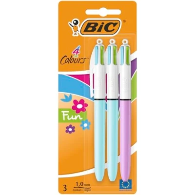 Afbeelding van BIC 4 kleuren Fun, intrekbare balpen, medium punt (1,0 mm) verschillende kleuren, blister met 3 stuks