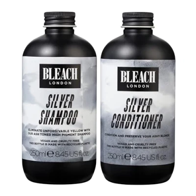 Afbeelding van BLEACH LONDON zilveren shampoo 250 ml en conditioner spoeling met hoge pigmentatie voor aszilver, veganistisch, dierproefvrij, verkwikkende formule tegen kleurafzettingen