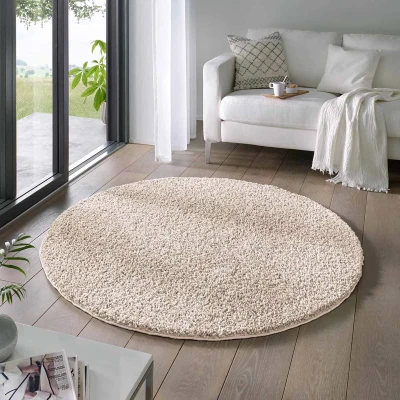 Afbeelding van Rond Vloerkleed Hoogpolig Effen Classic Crème 120 Cm