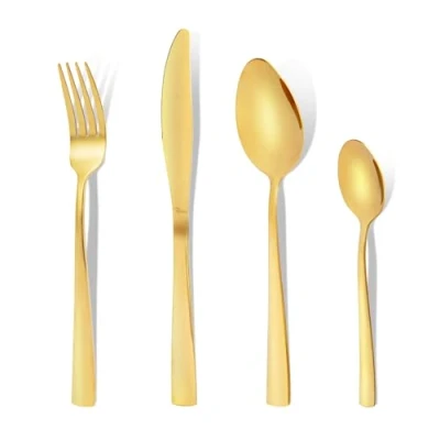 Afbeelding van Otto Koning Tafelbestek van roestvrij staal, goudkleurig, 24 delig bestekset met vork, mes, lepel en theelepel, goudkleurig bestek voor 6 personen, modern design spiegelpuli.