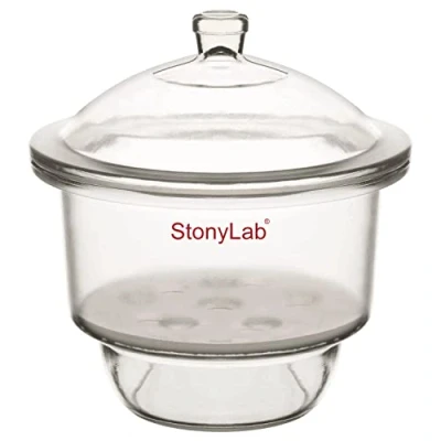 Afbeelding van stonylab Glazen droogmiddel met knopdeksel en porseleinen plaat ID: 240 mm voor laboratoriumonderzoek
