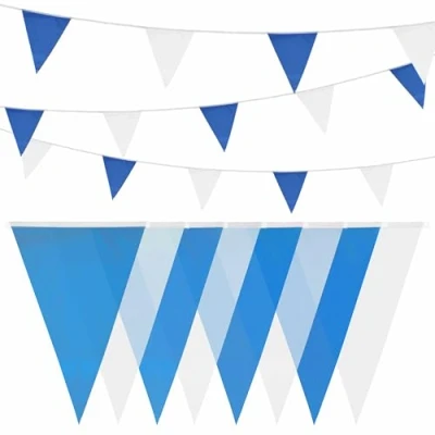 Image de HEKU Guirlande de fanions Bleu/blanc avec 20 fanions, résistante aux intempéries, 10 m long, grand fanion accrocheur, idéal pour les événements, bande fixation intégrée