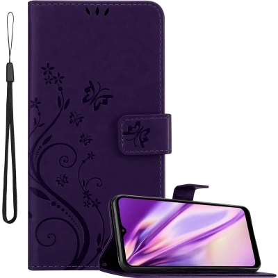 Afbeelding van Cadorabo Hoesje geschikt voor Samsung Galaxy A02s in BLOEMEN DONKER PAARS Beschermhoes bloemmotief met magnetische sluiting, standfunctie en kaartsleuven Book Case Cover Etui