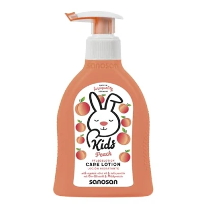 Afbeelding van sanosan Bodylotion voor kinderen, perzikgeur, 200 ml, met biologische olijfolie en melkeiwitten, huidverzorging