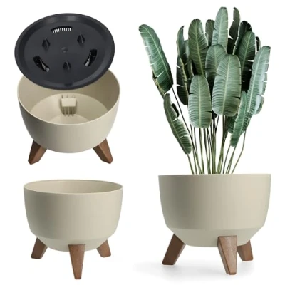 Afbeelding van KADAX Bloempot van kunststof met drie insteeksteunen ronde bloembak, plantenschaal voor balkon, woonkamer Diameter 24 cm, Taupe
