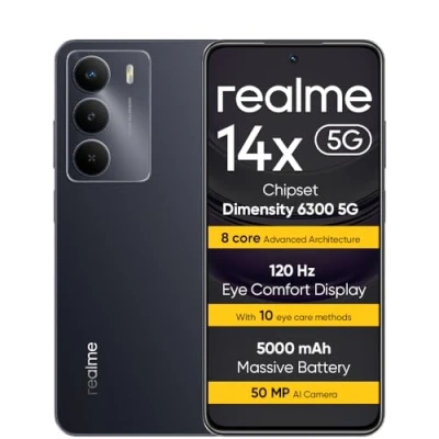Afbeelding van realme 14 x 5G smartphone 6 + 128 GB, Dimensity 6300, 120 Hz scherm, schokbestendigheid van militaire kwaliteit, 50 MP I.A camera, 5000 mAh batterij, zwart rr