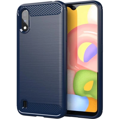 Afbeelding van Cadorabo Hoesje geschikt voor Samsung Galaxy A01 in BRUSHED BLAUW Beschermhoes van flexibel TPU siliconen roestvrij staal carbonvezel look Case Cover