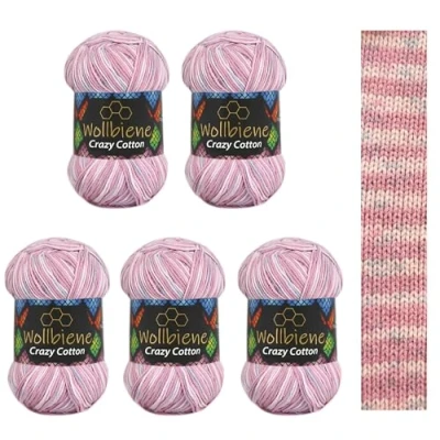 Afbeelding van Wollbiene Crazy Cotton Batik 5 x 100 g, 500 gram met kleurverloop, 55% katoen, meerkleurig, breiwol voor haken alle seizoenen (6080 kleur lila blauw)