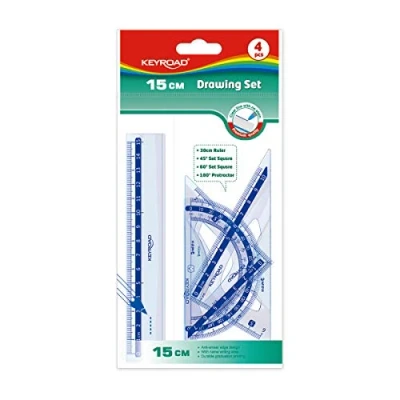 Afbeelding van Schoolregelset, 15 cm liniaal, 45 hoek, 60 houtskool, 180 hoektransportband, duurzaam kunststof materiaal Keyroad