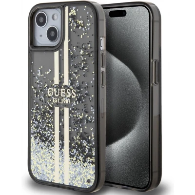 Afbeelding van Guess Liquid Glitter Gold Stripe Back Case Apple iPhone 15 (6.1&quot;) Zwart