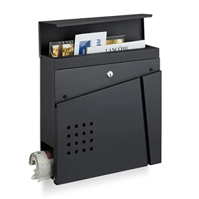 Afbeelding van Relaxdays Brievenbus met krantenvak, venster, HBT 37 x 11 cm, 2 sleutels, staal, modern, zwart