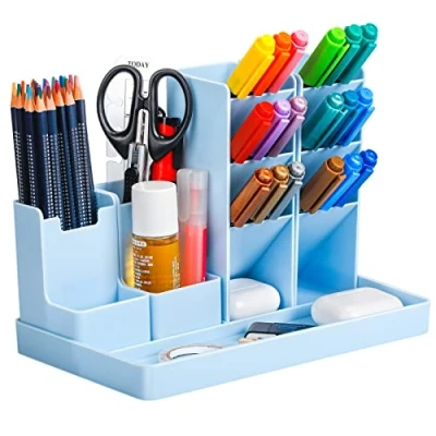 Afbeelding van Withosent Pennenhouder voor bureau, 5 stuks, vrij te combineren, kinderen, van plastic, multifunctionele bureau organizer, pennenkoker pennen, kantoor, thuis, school, blauw