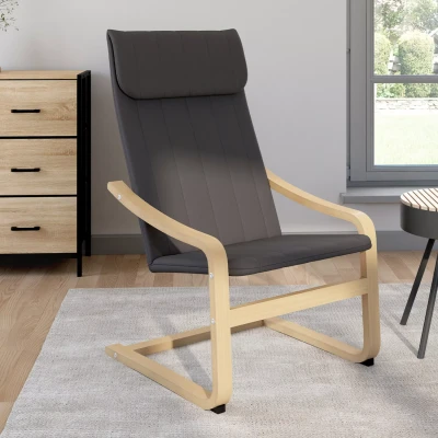 Image de Fauteuil NILS bois façon hêtre et coussin tissu gris