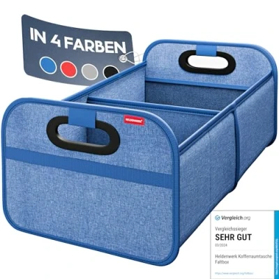 Afbeelding van HELDENWERK Opvouwbare kofferbaktas, versterkt en stabiel, kofferbak organizer, boodschappentas voor praktische opslag, antislip, blauw