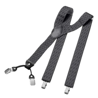 Afbeelding van DonDon brede bretels 3,5 cm 4 Y vormige leren clips elastisch en in lengte verstelbaar zwart blauw, Rhomb grijs, one size
