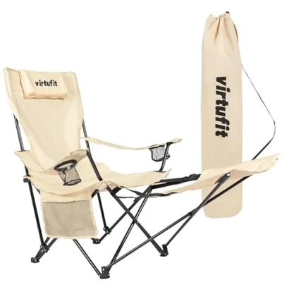 Afbeelding van VirtuFit Opvouwbare Camping Stoel Strandstoel met voetsteun Inclusief Draagtas Geschikt voor Festivals, Campings &amp; Stranden armsteunen Eenvoudig Meenemen en Opzetten Beige
