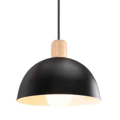Afbeelding van iDEGU Retro hanglampen, modern, halfrond, plafondlamp, E27, hout, metaal, hanglamp, voor slaapkamer, eetkamer of keuken, diameter 20 cm, 1 stuk, zwart