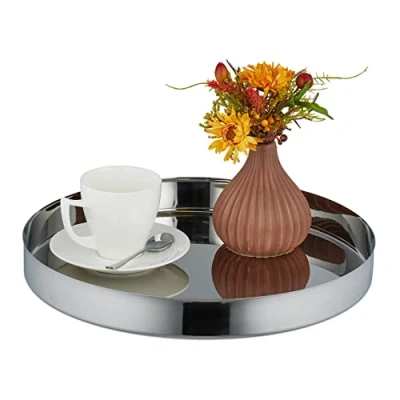 Afbeelding van Relaxdays dienblad zilver hoge rand 35 cm serveerschaal klein kaarsenplateau