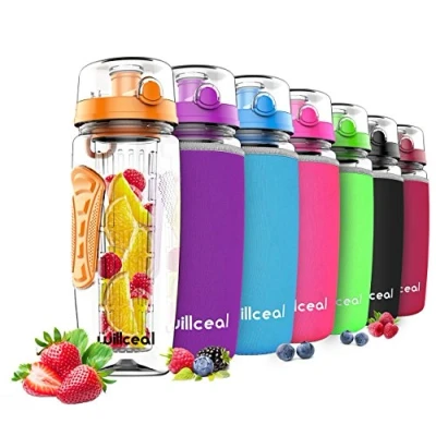Afbeelding van willceal Waterfles met fruitinzetstuk, 0,95 l, van Tritan, BPA vrij, klapdeksel, lekvrij, geschikt voor sport en camping, oranje