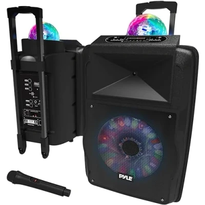Afbeelding van Pyle Bluetooth Luidsprekersysteem Draagbaar Speaker met Wielen 700 W Draadloos Luidspreker en Microfoonset MP3 USB Micro SD FM Radio DJ Verlichting