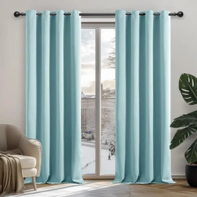 Afbeelding van Deconovo thermische verduisteringsgordijnen, modern design met ogen, gordijnen voor woonkamer en slaapkamer, 132 x 138 cm (breedte hoogte), blauw, 2 stuks
