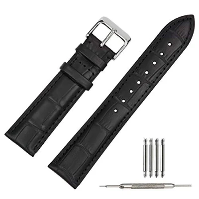 Afbeelding van TStrap Horlogebandje, heren, leer, met roestvrijstalen gespsluiting, 18 mm/19 mm/20 mm/21 mm/22 mm, zwart/zwarte steek, 21mm