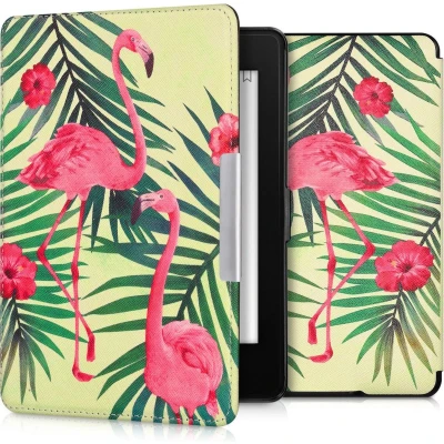 Afbeelding van kwmobile E reader hoesje geschikt voor Amazon Kindle Paperwhite hoes flip case met magnetische sluiting Ereader cover Flamingo en Palmbomen design in poederroze / groen lichtgroen
