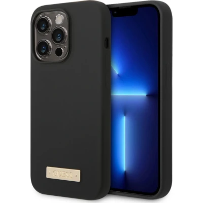 Afbeelding van Guess Silicone Plaque Back Case voor Apple iPhone 14 Pro (6.1&quot;) Geschikt MagSafe Zwart