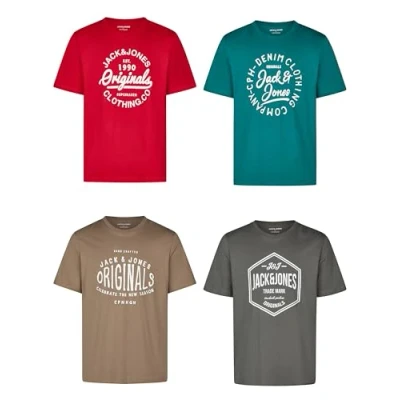 Afbeelding van Jack &amp; Jones Jjlino T shirt met ronde hals en korte mouwen, normale pasvorm, print, zomer, 100% katoen, zwart, wit, groen, rood, blauw, grijs, maten S, M, L, XL, XXL, 3XL (set van 4), 2 stuks.