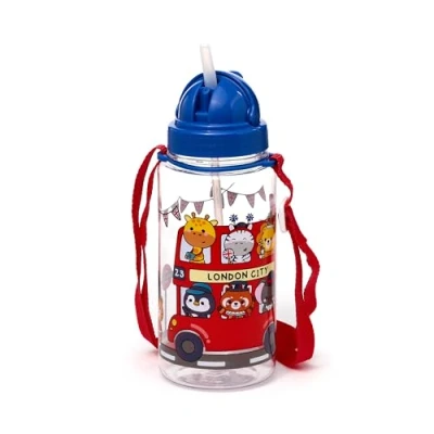 Afbeelding van Drinkfles/Waterfles Kind London City Bus Cartoon Adoramals Flip Straw Ecozen 450ml