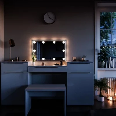 Afbeelding van Vicco Make uptafel set met kruk Lilli, Wit, 190 cm LED verlichting en bankje
