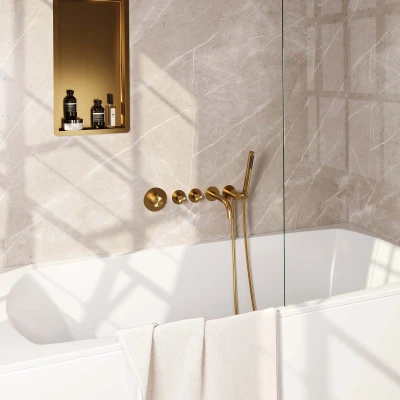 Afbeelding van Brauer Gold carving Badkraan Inbouw douchegarnituur 20cm uitloop inbouwdeel 3 knoppen handdouche staaf 1 stand PVD geborsteld