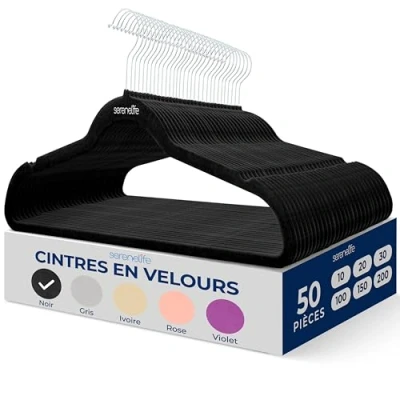 Image de SereneLife Cintres Velours Antidérapants Lot de 50, Crochets Métal Pivotants à 360, Supporte jusqu&#039;à 4,5 kg Fins et Robustes pour Vestes, Pantalons Robes