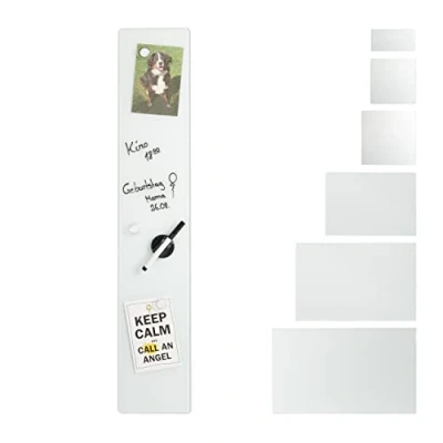 Image de Relaxdays Tableau magnétique en verre de sécurité, 15 x 80 cm, à 3 aimants, marqueurs, porte stylos, pour bureau et cuisine, blanc