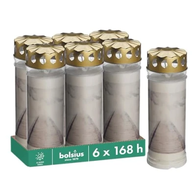 Afbeelding van Bolsius Grafkaarsen, 6 stuks, wit, brandlengte 168 uur, grafkaars, gedenkkaars, permanente kaars met motief, wolken, ongeparfumeerd, palmolievrij, nr. 7