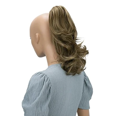 Afbeelding van Prettyshop H60 paardenstaart om vast te klikken, gegolfd, met vlinderclip, hittebestendig kunstvezel, 35,6 cm, bruin blond mix