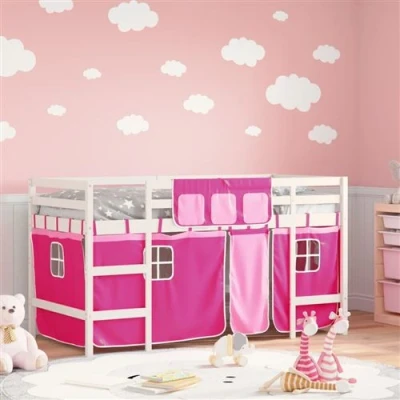 Afbeelding van vidaXL Kinderhoogslaper met gordijnen 80x200 cm grenenhout roze