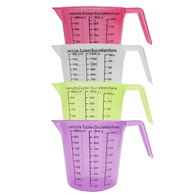 Afbeelding van Kurtzy maatbeker kunststof transparant (4 stuks) 1 l / 1000 ml BPA vrij met schenktuit, schuine handgrepen en gemakkelijk af te lezen metingen voor keuken gebak