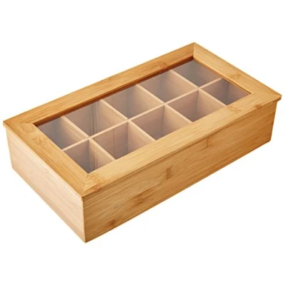 Afbeelding van FSC® Bamboe Theedoos Met 10 Vakken Theekist hout deksel en venster Thee Doos Thea Box Afm. 36 x 20 9 Cm