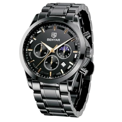 Afbeelding van Benyar Herenhorloge met analoog kwartsuurwerk, chronograaf, elegant, casual, waterdicht, licht, datum, elegant cadeau voor mannen, leren armband / roestvrij staal, Zwart 3, Klassiek